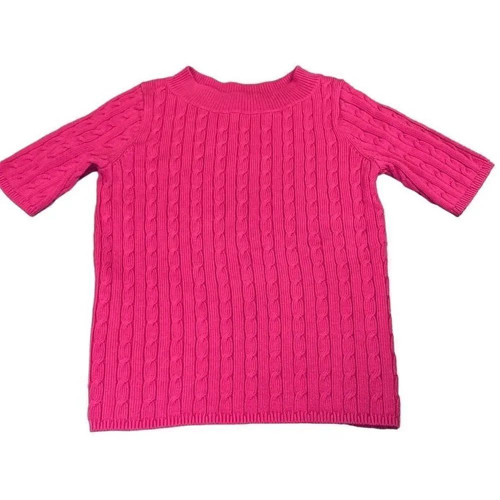 Talbots Sweater Cable Knit Short Sleeve Pink Fuchsia Crew Neck Medium Petite